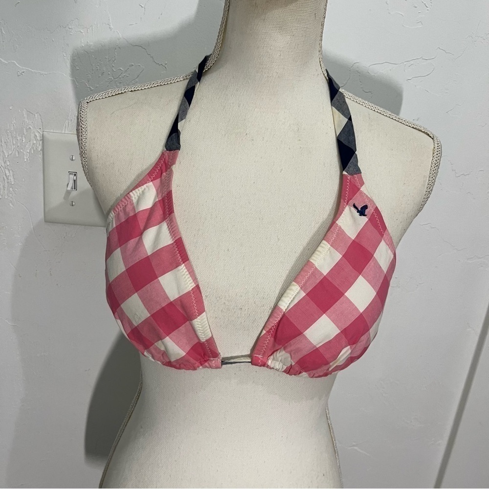 American Eagle pink & Blue Check Halter Bikini Top Large